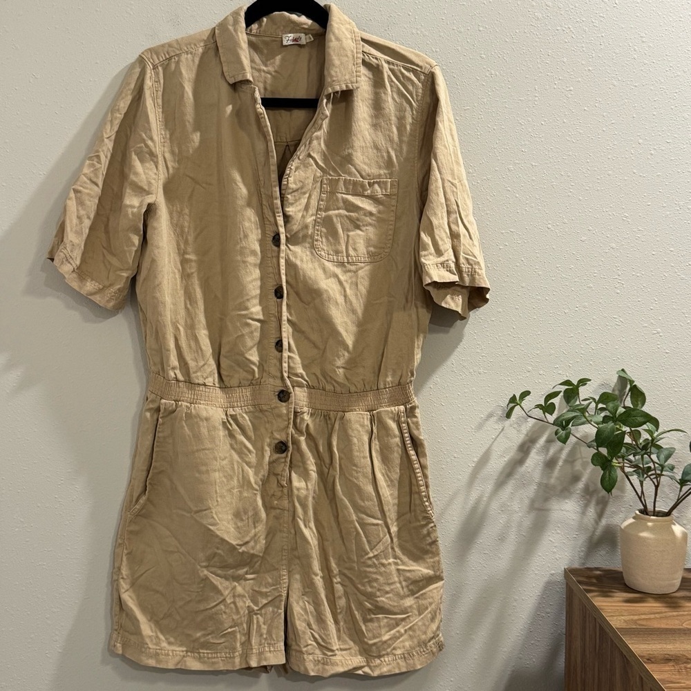Faherty Size Large Tan Arlie Romper Button Up Collared Linen Blend Casual Comfy - Picture 2 of 7